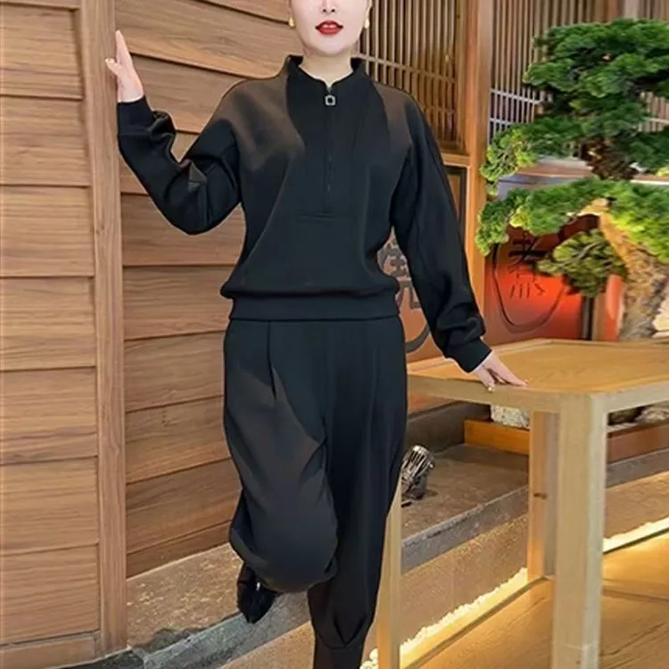 2025秋季新款时尚洋气纯色减龄妈妈套装宽松休闲拉链领运动两件套