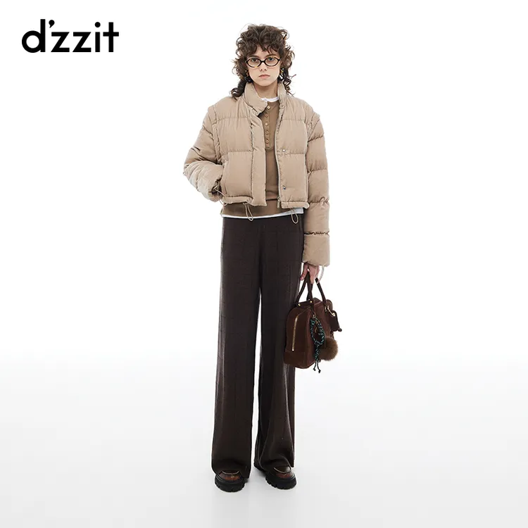 dzzit地素羽绒服冬季雅丹风丝绒下摆抽绳收口短款外套女3I4K212
