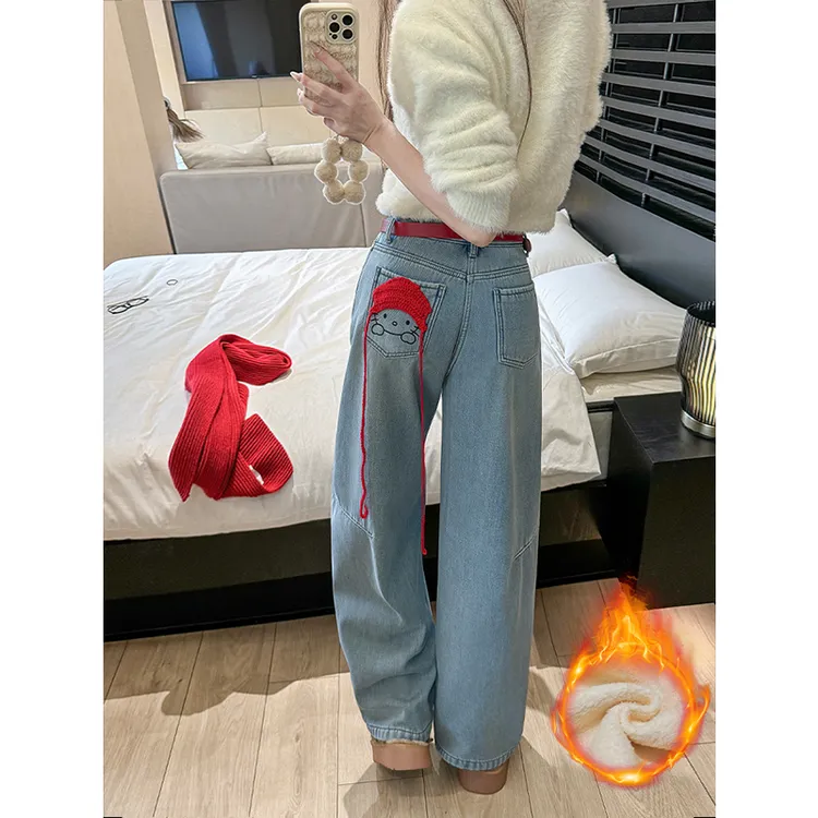 小红帽设计加绒弯刀阔腿牛仔裤女2025秋冬新款宽松显瘦百搭直筒裤