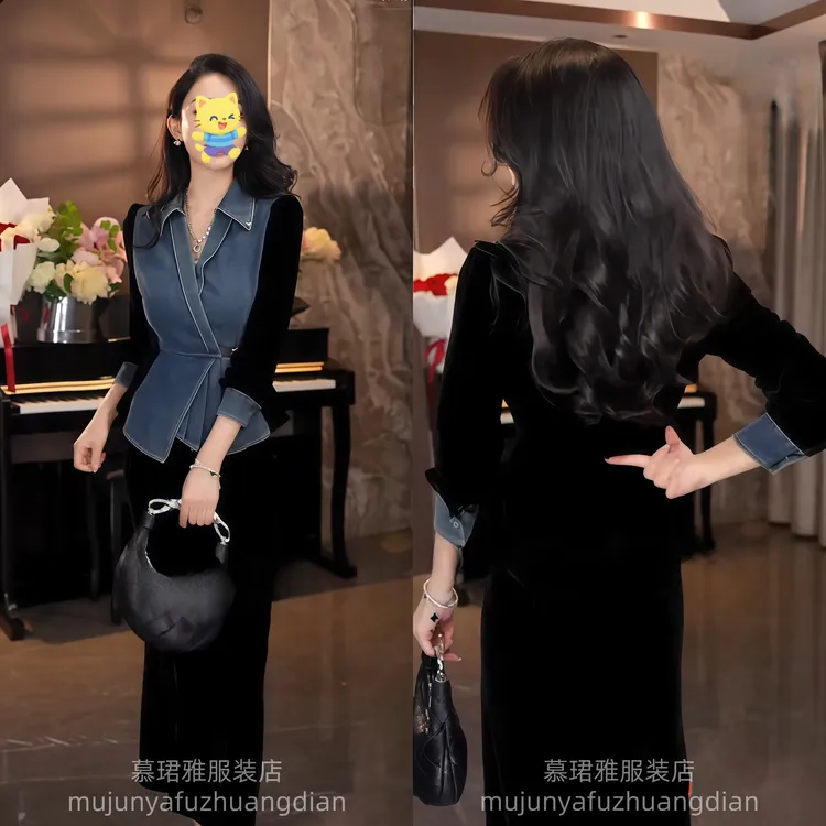 2025秋季网红新款时尚两件套女高级感丝绒拼接牛仔显瘦上衣裙子