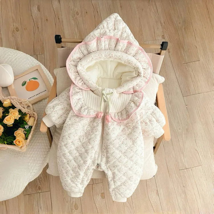 【郁金香厚棉】婴儿冬季加厚连帽棉服碎花爬爬服公主连体衣外出服