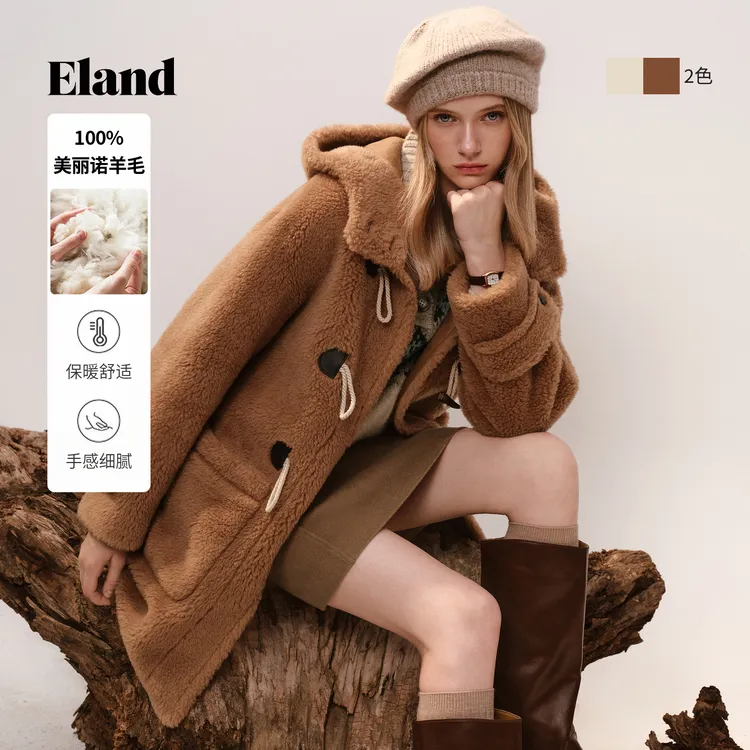 Eland衣恋宽松连帽绵羊毛保暖复古中长款牛角扣大衣EEJHF4VD01