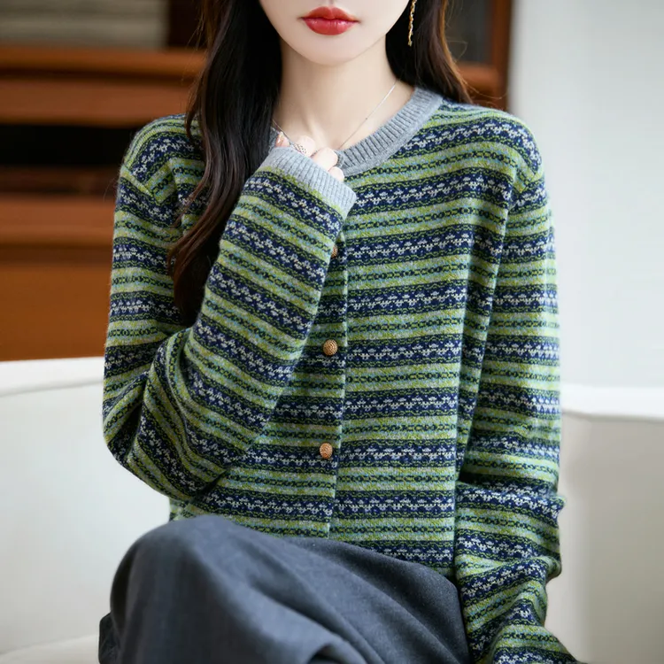 哥弟阿玛施正品秋冬新款针织开衫女士韩版时尚毛衣条纹百搭羊毛衫