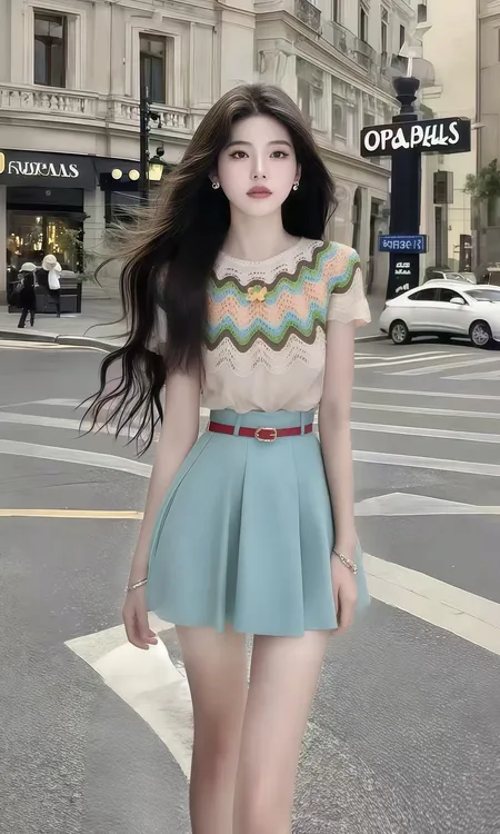 温柔甜美风时尚设计感修身圆领短袖上衣+蓝色百褶半身裙女两件套