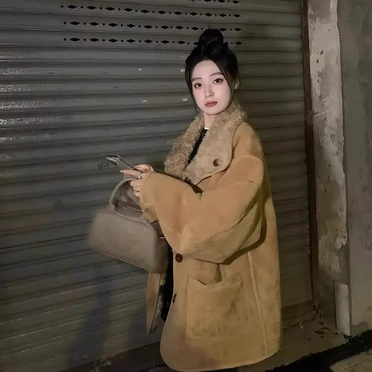两面穿皮毛一体羊羔毛机车服秋冬宽松加厚麂皮毛毛环保皮草外套女