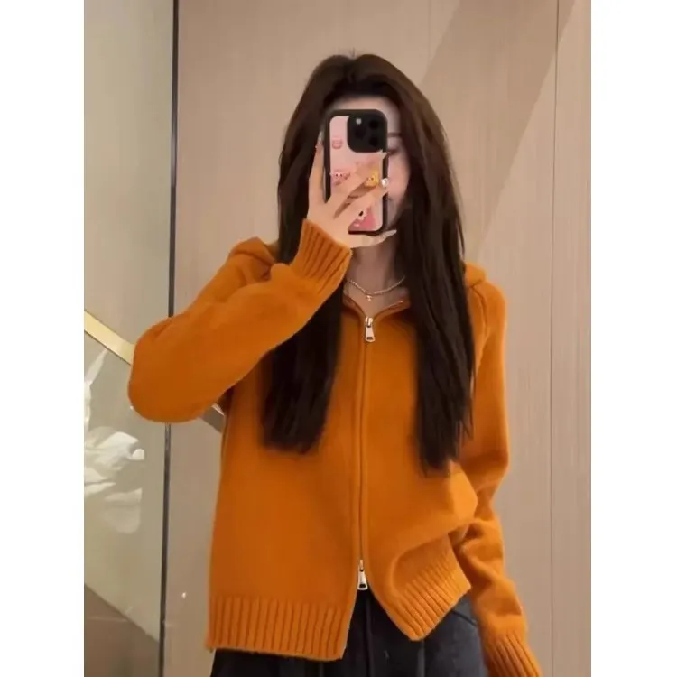 慵懒风双拉链连帽针织开衫女秋冬2025新款高级感宽松短款毛衣外穿