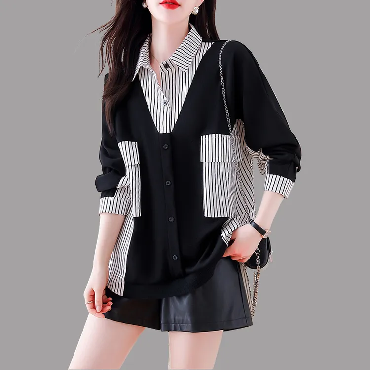 假两件条纹拼色衬衫女士2025早秋季新款时尚大码洋气宽松长袖上衣