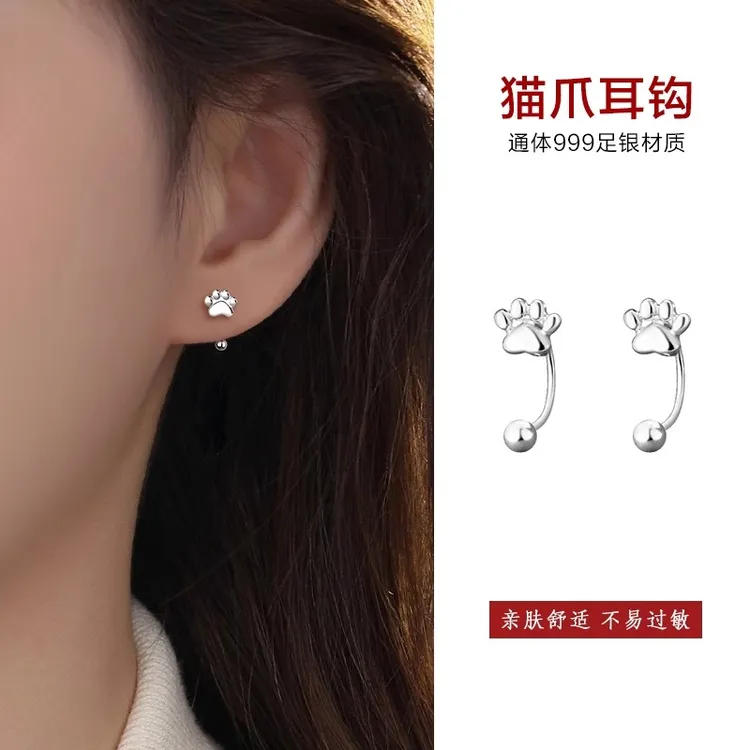 足银耳饰 999足银猫爪螺丝耳钩女小众设计感耳环2025新款爆款耳饰