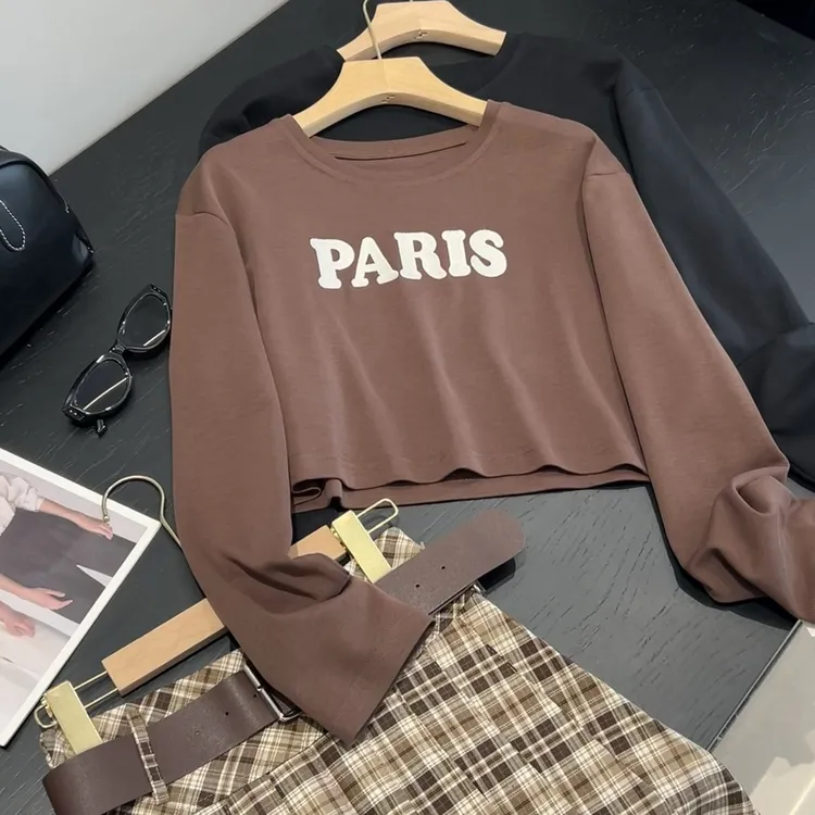 圆领字母短款长袖T恤女秋季新款复古设计感时尚休闲上衣