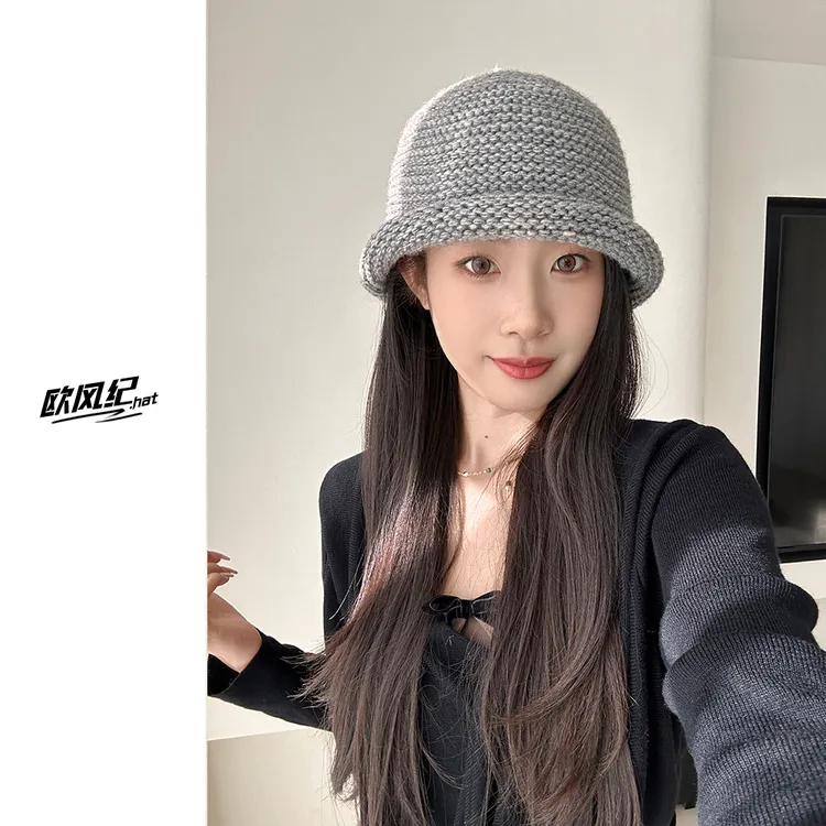 小众设计款~日系羊毛混纺针织渔夫帽女秋冬复古卷边盆帽毛线帽子