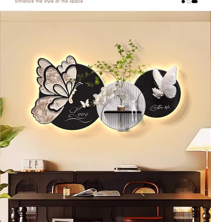 中古风客厅沙发背景墙装饰画壁画灯蝴蝶法式复古水培绿植餐厅挂画