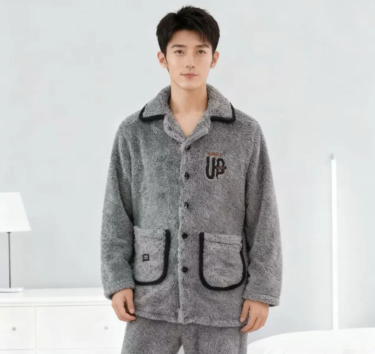 冬季男士加厚加绒珊瑚绒长袖睡衣套装可外穿男生保暖家居服