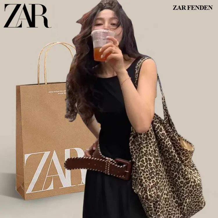 ZAR FENDEN2025春夏豹纹单肩包女通勤百搭托特包慵懒风学生帆布包
