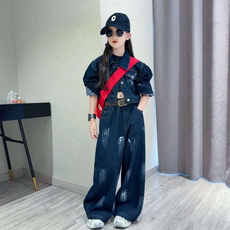 儿童复古牛仔外套阔腿裤套装2025新款洋气中大童女孩短款上衣长裤