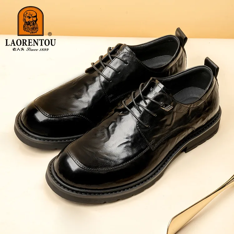 老人头25新款真皮时尚经典手抓纹透气舒适厚底商务男款休闲皮鞋