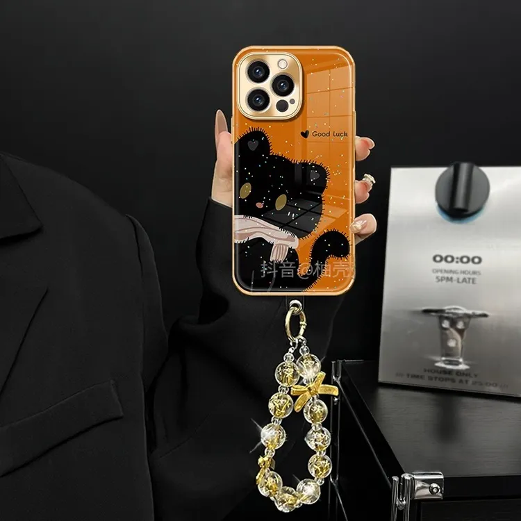 适用金色猫咪苹果17promax电镀水凝手机壳女华为oppo小米15vivo