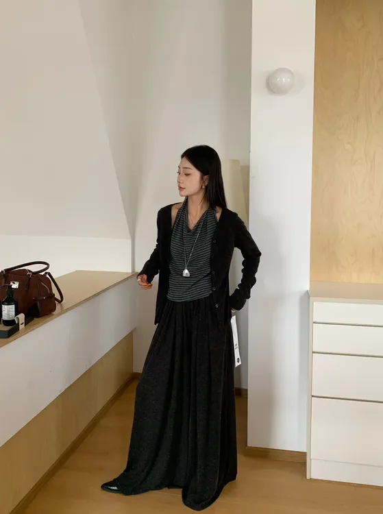 小众设计款套装条纹吊带+外披+阔腿裤长袖显瘦