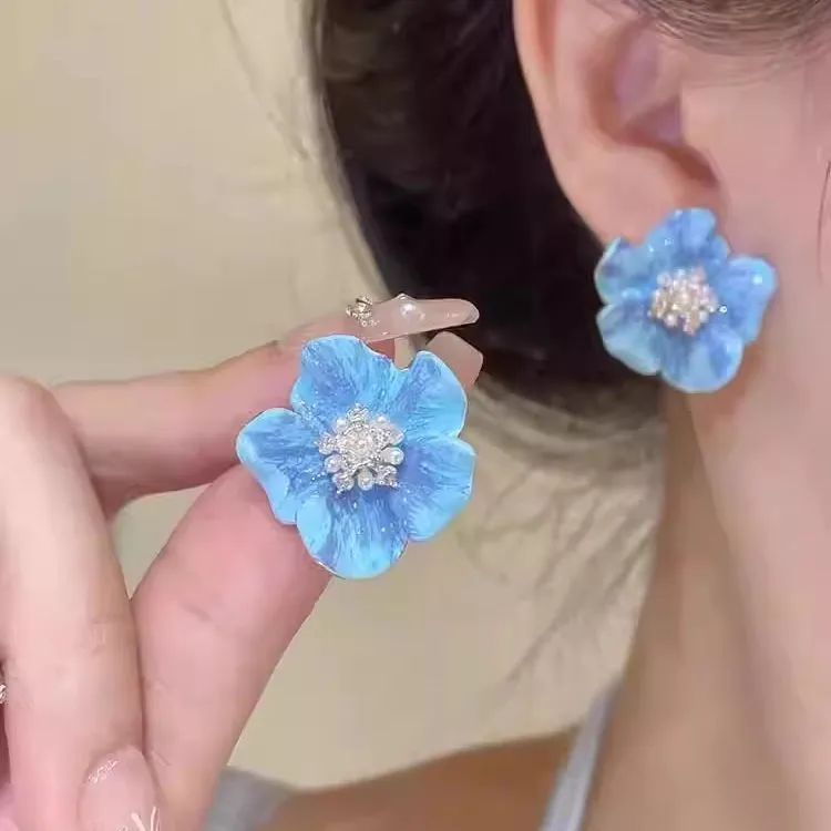 韩版蓝色滴釉海棠花耳钉小众设计感耳环2025新款时尚气质百搭耳饰