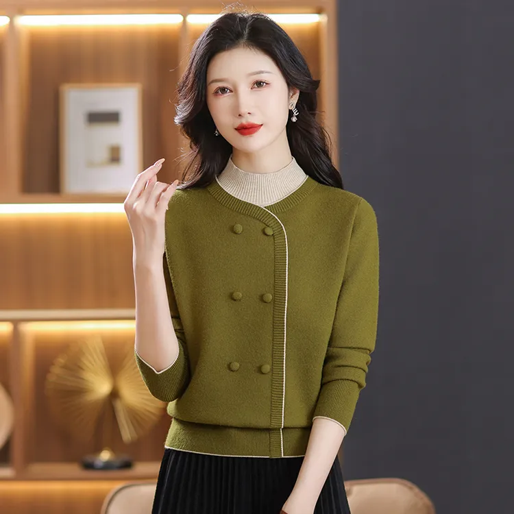 正品女装假两件半高领毛衣女秋冬新款洋气百搭长袖打底针织衫上衣