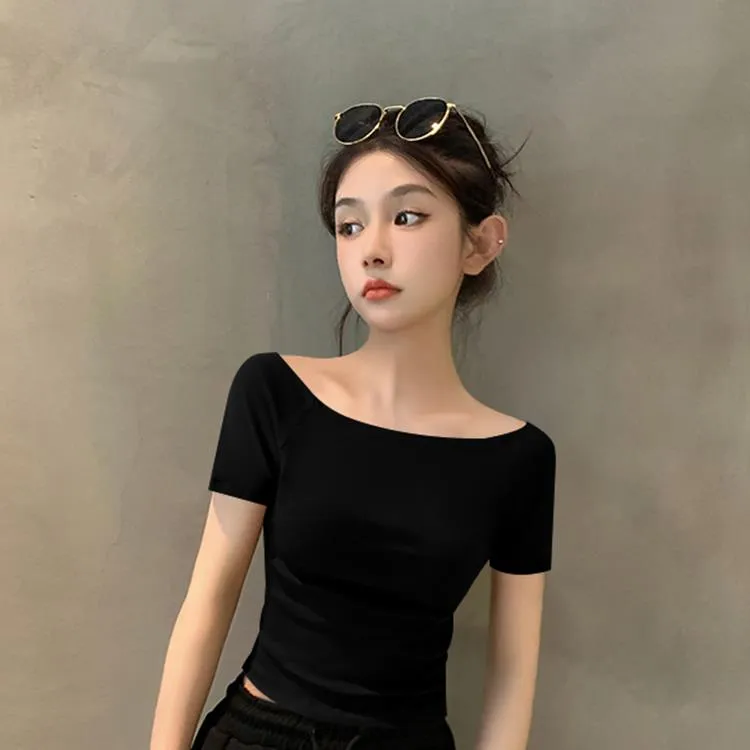 夏季黑色一字领短袖T恤女棉质露脐短款法式洋气露肩欧货紧身上衣