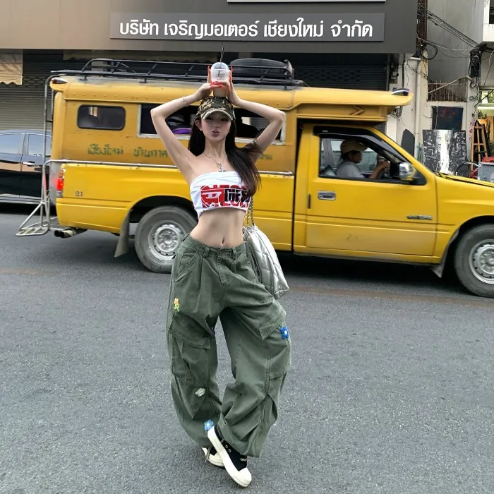 美式复古花朵刺绣牛仔裤工装裤女装春季垂感宽松高腰阔腿裤拖地裤