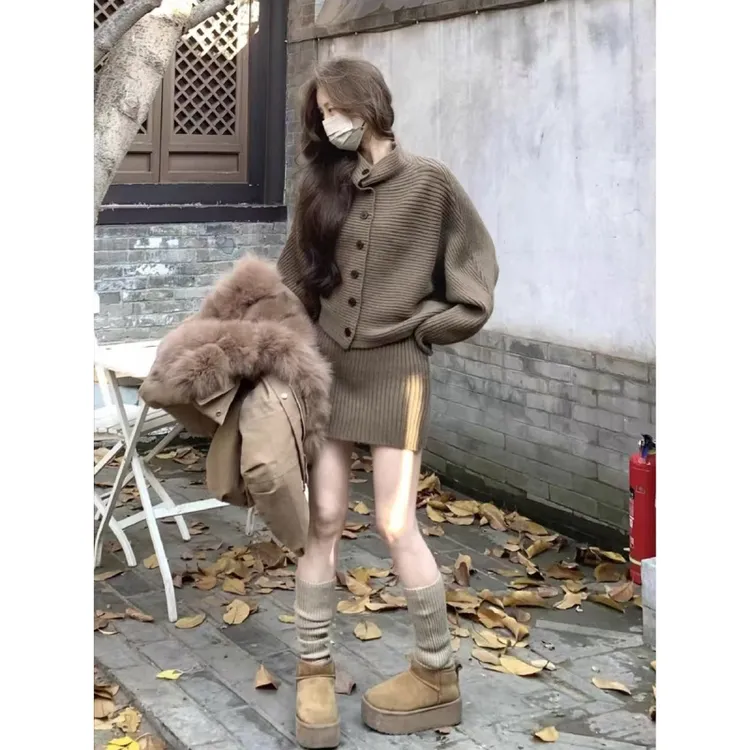 立领翻领棒针毛针织衫套装女毛衣上衣半裙两件套2025秋新款F01233