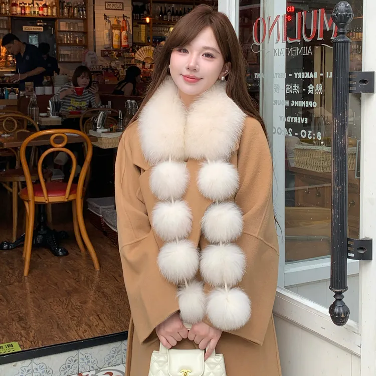狐狸毛球球围巾女士气质甜美长款流苏大毛球围脖真毛百搭皮草披肩