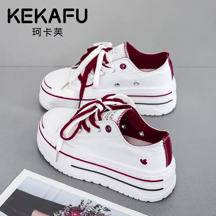 珂卡芙2025新款双鞋带厚底增高帆布鞋时尚百搭圆头轻便透气板鞋女