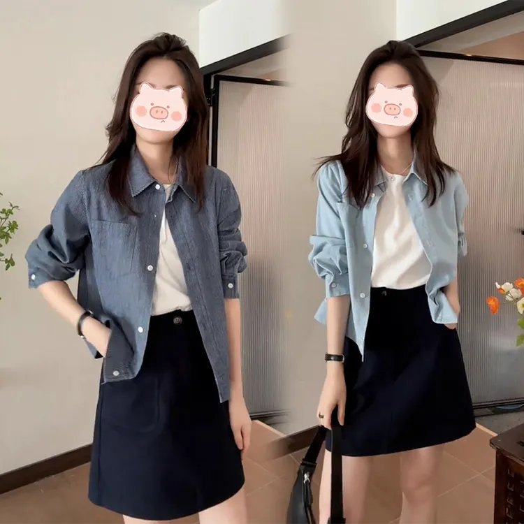 高级感洋气简约短款衬衫女春季爆款韩版百搭外穿上衣半身裙两件套