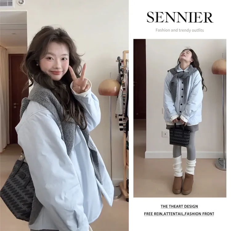 秋冬穿搭2025新款宽松披肩棉服外套百搭长袖打底衫显瘦短裤三件套