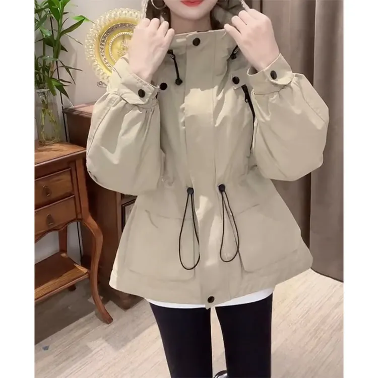 萱贝纯韩版时尚工装风衣外套女2025秋冬新款抽绳收腰显瘦连帽棉衣