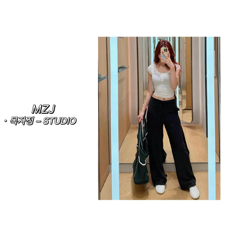 木子静-「帕梅拉」韩系简约时尚百搭抽绳显瘦直筒裤（无口袋）-2237