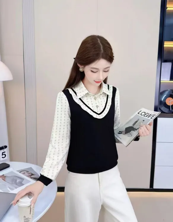 2025早秋新款长袖女士衬衫秋装洋气时尚气质百搭假两件荷叶边衬衫