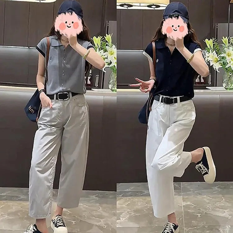 2025夏季新款宽松减龄针织短袖上衣百搭休闲裤极简风小众两件套女