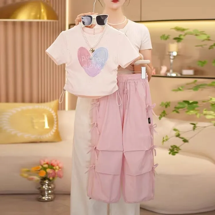 女童爱心短袖T恤套装夏季2025新款儿童薄款夏装女孩工装裤两件套