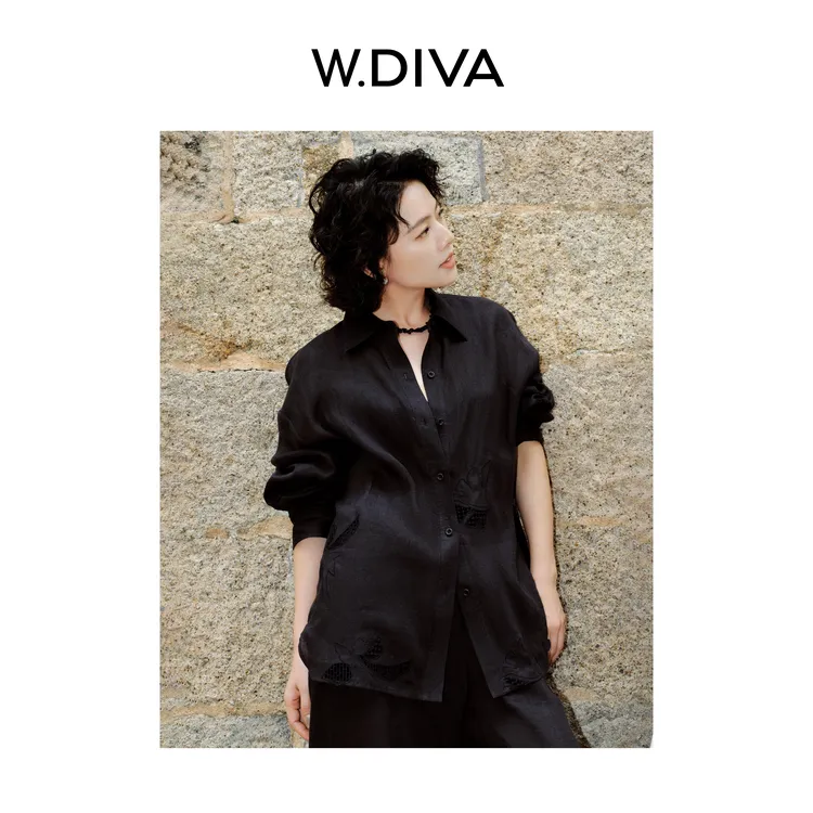 W.Diva【墨韵】100汉麻洋气女装休闲极简风汉麻绣花衬衣51S181212