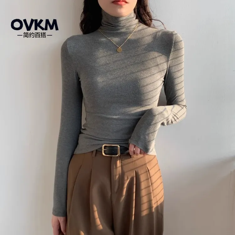 OVKM灰色高领打底衫女内搭秋冬2025新款高级感洋气紧身针织堆堆领
