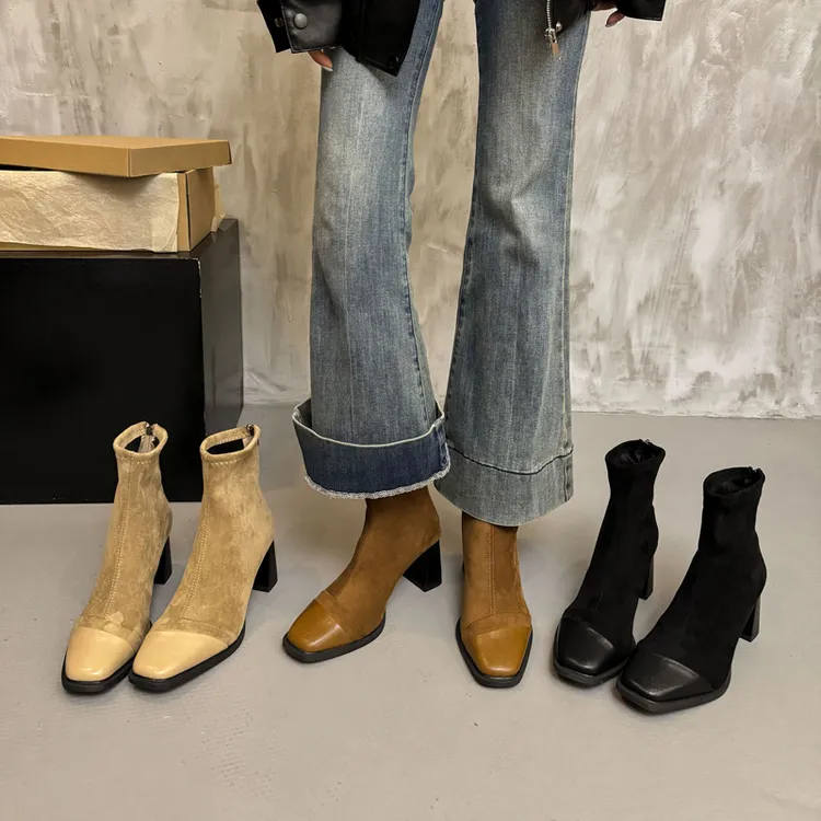 法式粗跟高跟短靴女2025春秋款单靴方头拼接弹力绒面瘦瘦靴裸靴