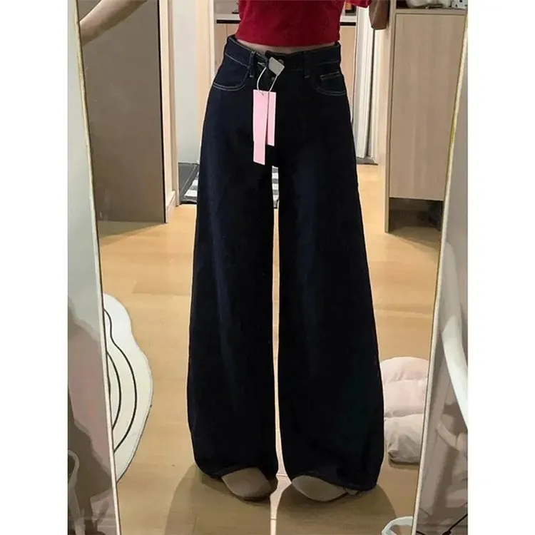 小个子深蓝色宽松阔腿牛仔裤女春季新款高腰显瘦直筒拖地长裤女