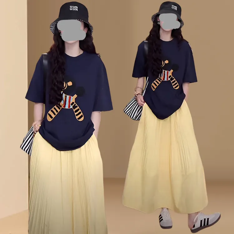 韩系休闲套装女夏季圆领宽松立体小马短袖T恤高腰压褶黄色半身裙