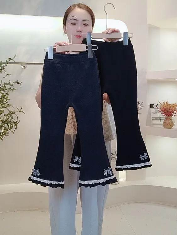克重550-800厚 冬款女童加绒打底裤外穿时尚休闲木耳边修身喇叭裤