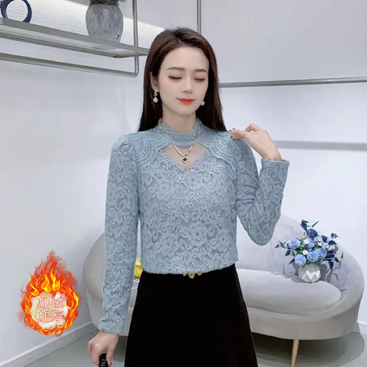 时尚洋气加绒加厚蕾丝衫女士2025冬季新款显瘦保暖打底衫内搭上衣
