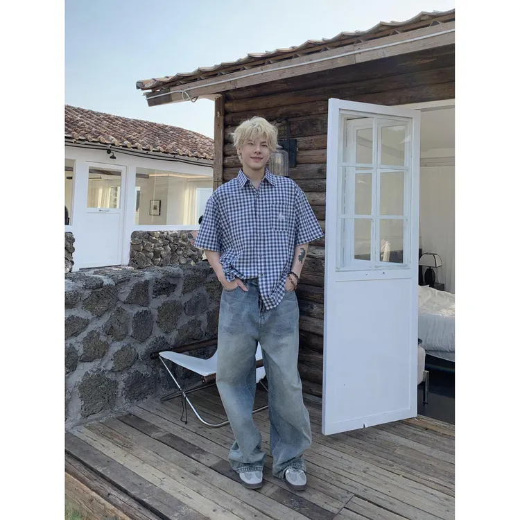 复古小众格子短袖衬衫男士夏季新款宽松翻领休闲百搭五分袖衬衣潮