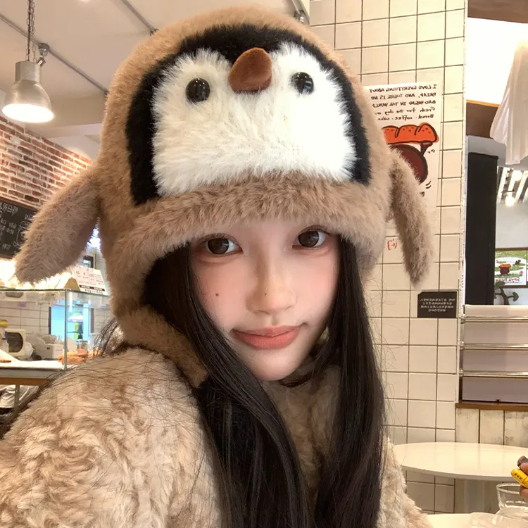 甜美可爱企鹅毛绒包头帽女秋冬加厚保暖趣味捏捏会响学生礼物百搭