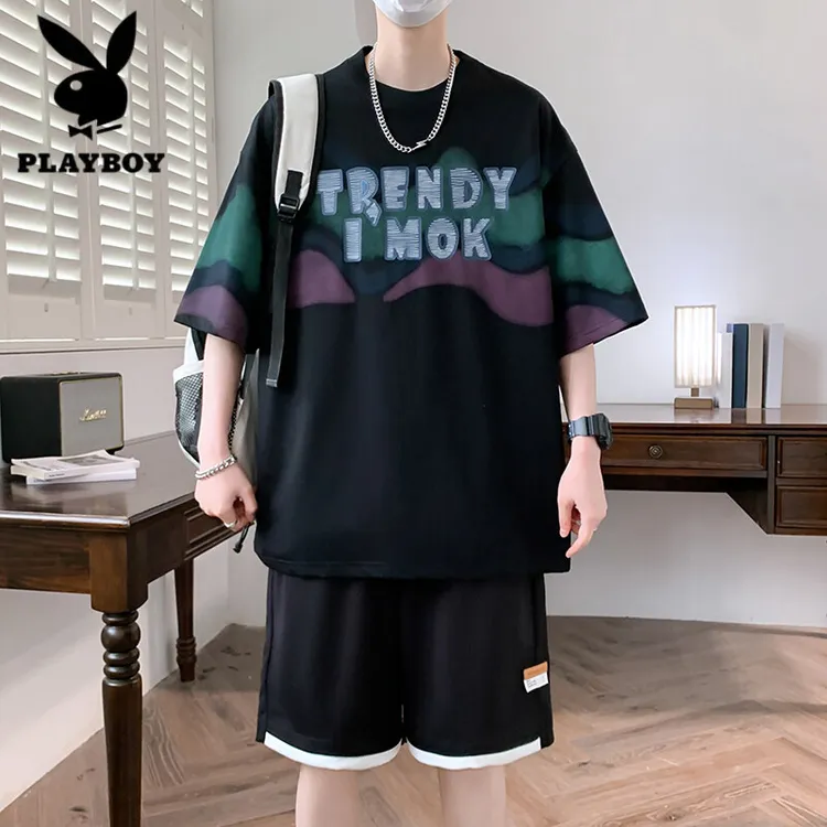 花花公子新款短袖男夏季渐变潮流休闲帅气宽松青少年衣服时尚套装