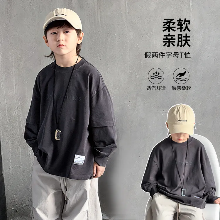 男童打底衫春秋款2025新款儿童装秋季韩版宽松假两件卫衣男孩秋装