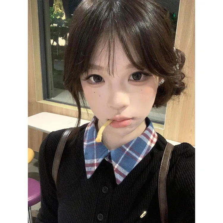 假两件格子纹撞色打底衫长袖恤女春秋款修身显瘦设计新款小众上衣