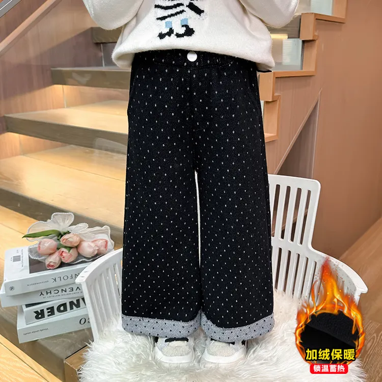 韩版女童阔腿裤冬装2025新款儿童洋气女宝宝时尚圆点加绒牛仔裤潮
