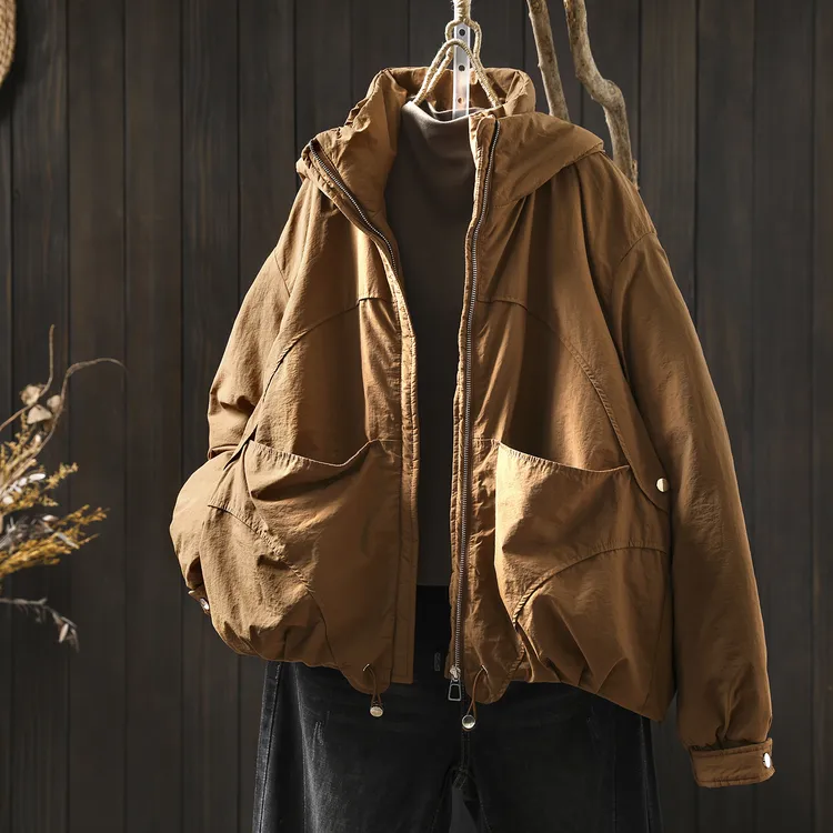 超好看夹棉薄外套女2025冬新连帽小个子短款设计感宽松双口袋棉服