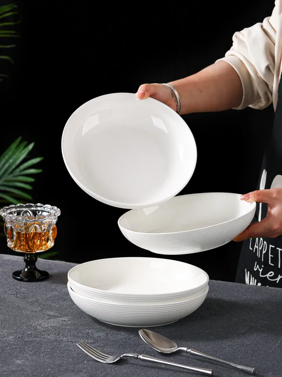 【瓷县令】8.5英寸线纹深盘螺纹网红盘子白色盘子餐具陶瓷菜盘大号